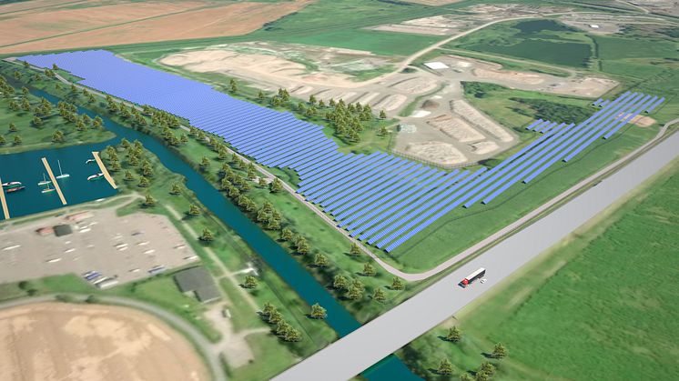 The solar park is located  by the E4 highway north of Linköping. The image is a graphic visualisation of the solar park. It will not necessairly be true to the actual shape. 
