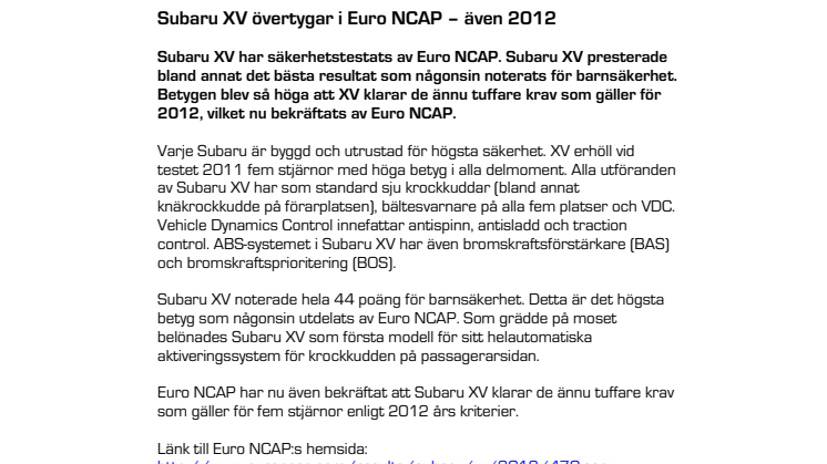 Subaru XV övertygar i Euro NCAP – även 2012