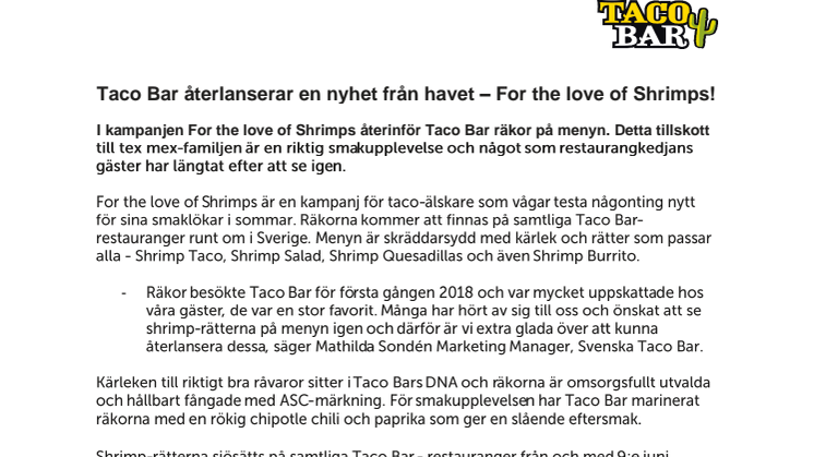 Taco Bar återlanserar en nyhet från havet – For the love of Shrimps!