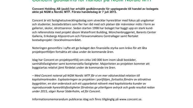 Concent godkänns för handel på NGM Nordic MTF 