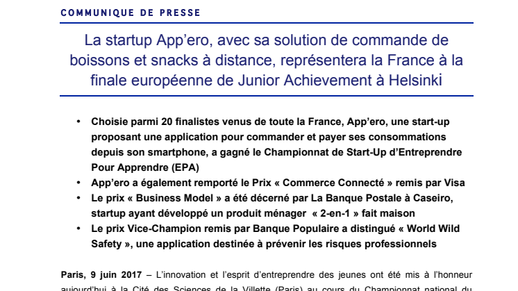 La startup App’ero, avec sa solution de commande de boissons et snacks à distance, représentera la France à la finale européenne de Junior Achievement à Helsinki