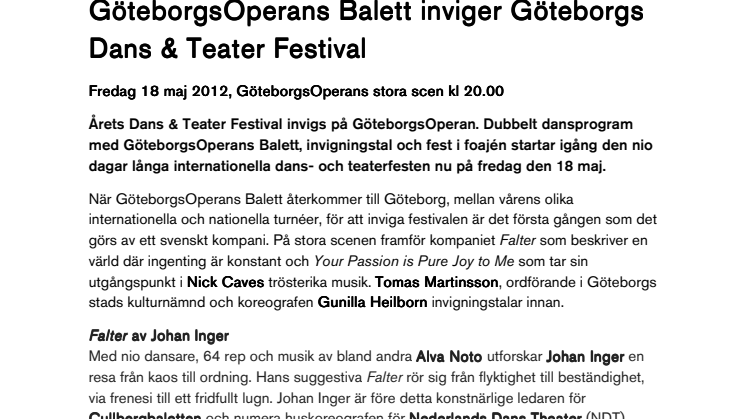 GöteborgsOperans Balett inviger Göteborgs Dans & Teater Festival 