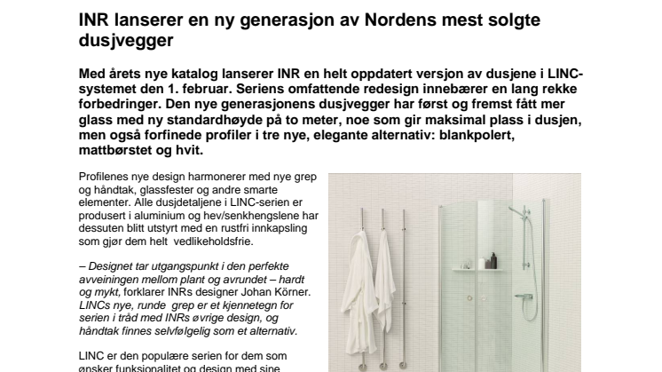 INR lanserer en ny generasjon av Nordens mest solgte dusjvegger