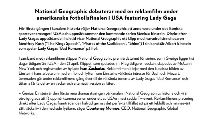 National Geographic debuterar med en reklamfilm under amerikanska fotbollsfinalen i USA featuring Lady Gaga
