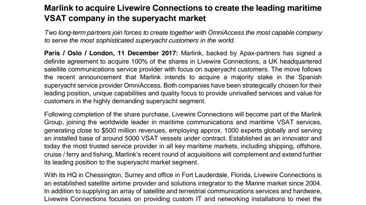 Marlink to acquire Livewire Connections to create the leading maritime VSAT company in the superyacht market