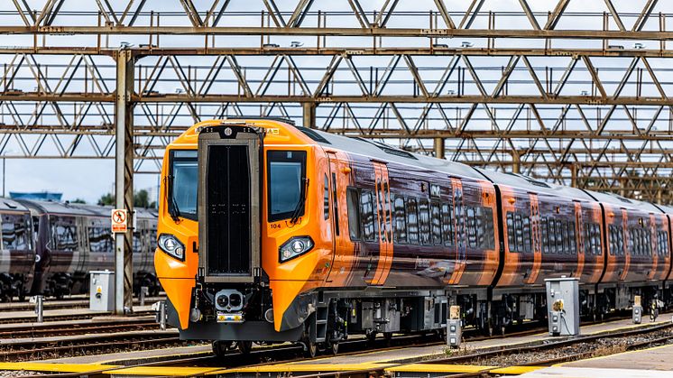 A Class 196 train at Tyseley depot in Birmingham.