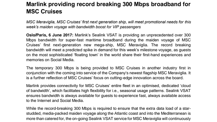 Marlink: Marlink providing record breaking 300 Mbps broadband for MSC Cruises 