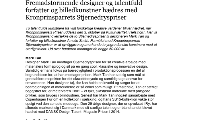 Fremadstormende designer og talentfuld forfatter og billedkunstner hædres med Kronprinsparrets Stjernedryspriser 