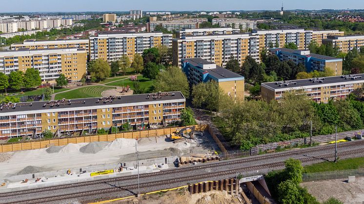 Kontinentalbanan, Station Rosengård och Törnrosen i maj 2018. Foto: Joakim Lloyd Raboff