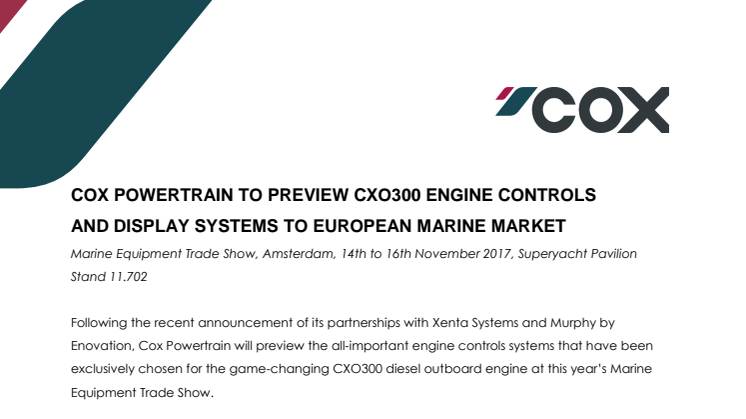 Cox Powertrain: Cox Powertrain to Preview CXO300 Engine Controls and Display Systems to European Marine Market