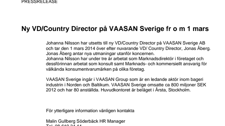 Ny VD/Country Director på VAASAN Sverige fr o m 1 mars