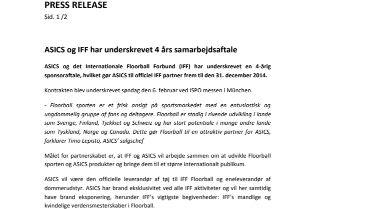 ASICS og IFF har underskrevet 4 års samarbejdsaftale