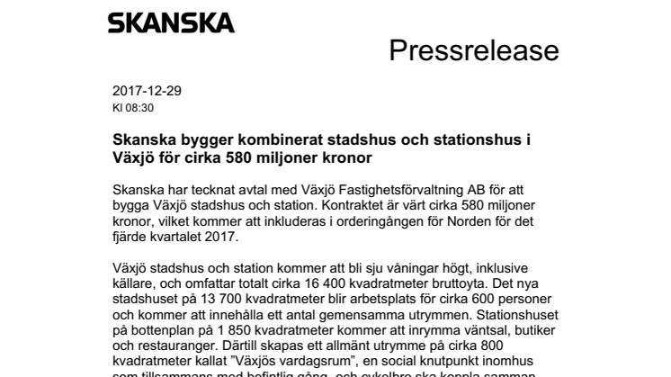 Skanska bygger kombinerat stadshus och stationshus i Växjö för cirka 580 miljoner kronor
