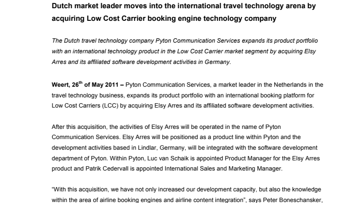 Dutch market leader moves into the international travel technology arena by acquiring Low Cost Carrier booking engine technology company