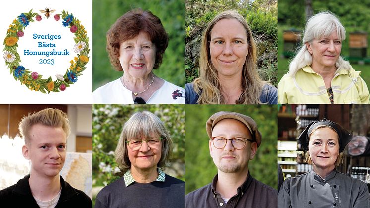 Jury Sveriges Bästa Honungsbutik 2023 uppifrån vänster: Christina Möller, Johanna Svensson, Marie Backman, Johan Aga, Hanne Uddling, Felix Holmgren, Anne Eriklin.