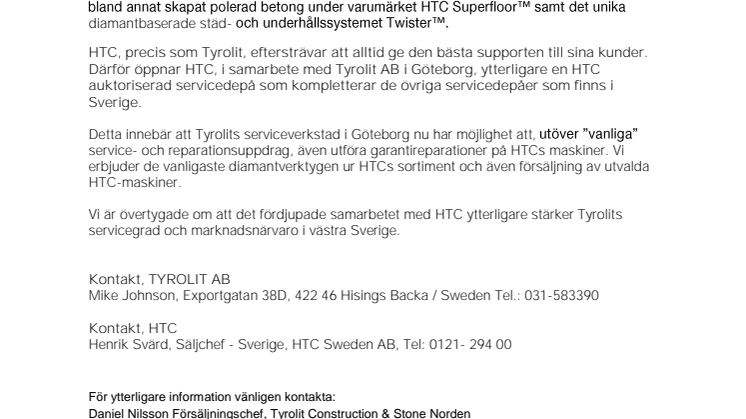 Tyrolit AB  blir ny Auktoriserad Servicepartner till HTC 
