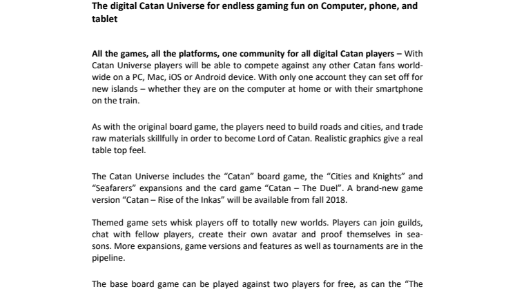 Press Release Catan Universe - September 2018