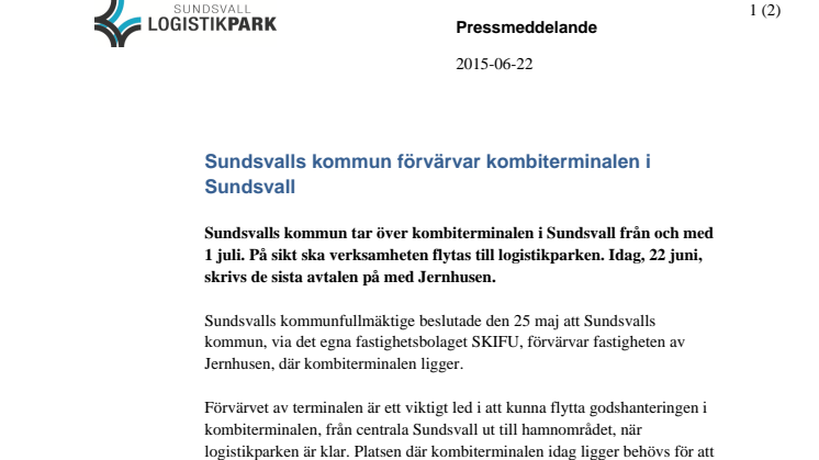 Sundsvalls kommun förvärvar kombiterminalen i Sundsvall