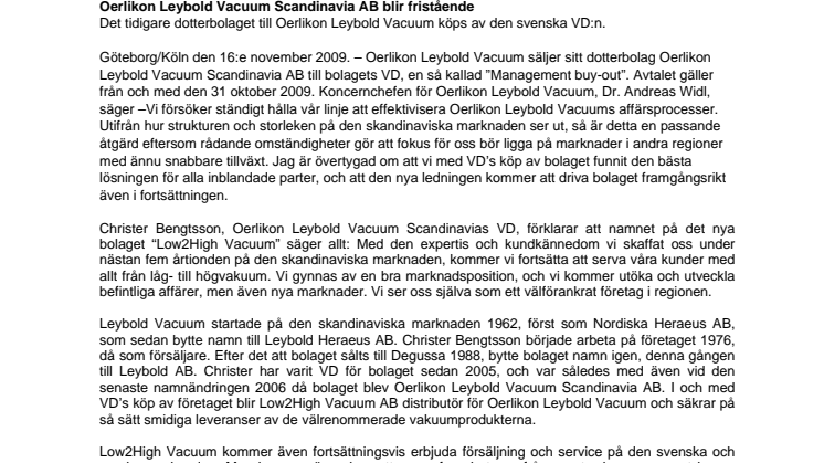 Oerlikon Leybold Vacuum Scandinavia blir fristående