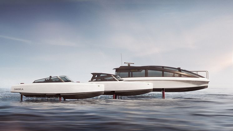 Candela's product lineup with the Candela C-8 DC leisure boat, the C-8 Hardtop and P-30 foiling commuter ferry.