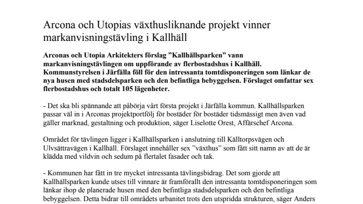 Arcona och Utopias växthusliknande projekt vinner markanvisningstävling i Kallhäll 