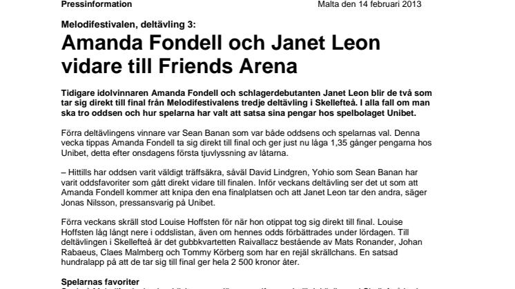Melodifestivalen, deltävling 3: Amanda Fondell och Janet Leon vidare till Friends Arena