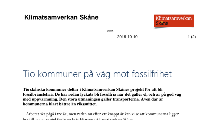 Klimatsamverkan Skåne: Tio kommuner på väg mot fossilfrihet
