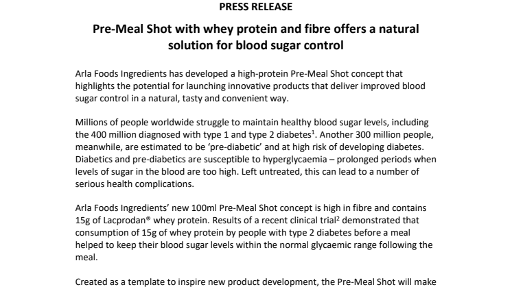 Pre-Meal Shot with whey protein and fibre offers a natural  solution for blood sugar control