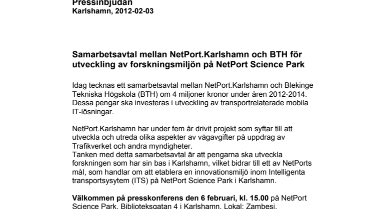 Samarbetsavtal mellan NetPort.Karlshamn och BTH för utveckling av forskningsmiljön på NetPort Science Park 