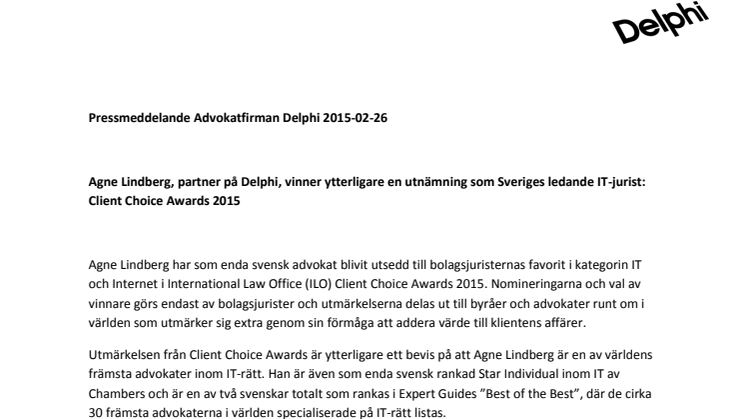 Agne Lindberg, partner på Delphi, vinner ytterligare en utnämning som Sveriges ledande IT-jurist: Client Choice Awards 2015