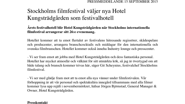 STOCKHOLMS FILMFESTIVAL VÄLJER HOTEL KUNGSTRÄDGÅRDEN SOM FESTIVALHOTELL