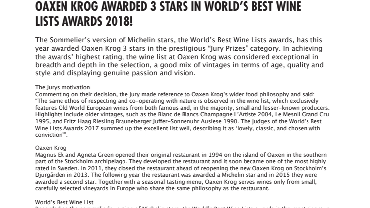 Oaxen Krog awarded 3 stars in World’s Best Wine Lists Awards 2018