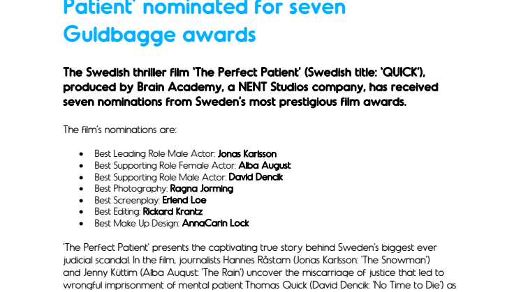 Brain Academy’s film ‘The Perfect Patient’ nominated for seven Guldbagge awards