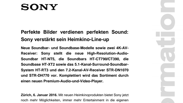 ​Perfekte Bilder verdienen perfekten Sound: Sony verstärkt sein Heimkino-Line-up