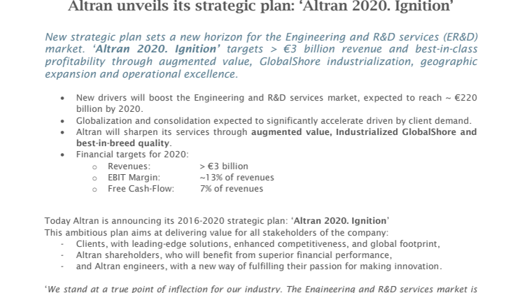 Altran unveils its strategic plan: ‘Altran 2020. Ignition’