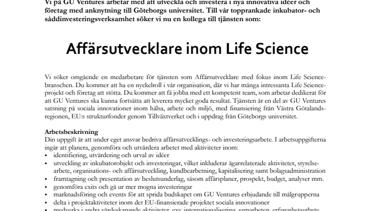 GU Ventures söker ny medarbetare: Affärsutvecklare inom Life Science