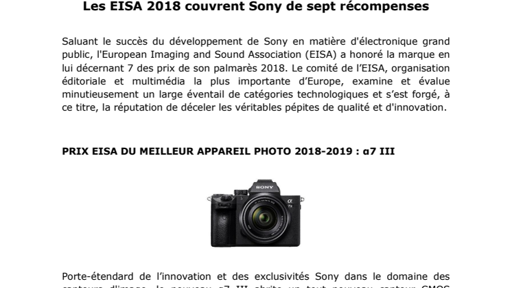 Les EISA 2018 couvrent Sony de sept récompenses