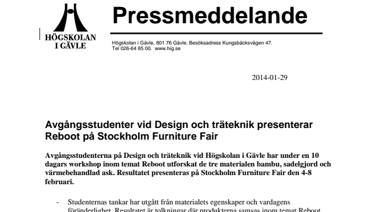 Avgångsstudenter vid Design och träteknik presenterar Reboot på Stockholm Furniture Fair