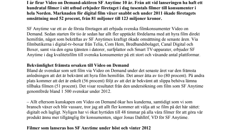 SF Anytime firar 10 år som en av Sveriges ledande Video on Demand-aktörer