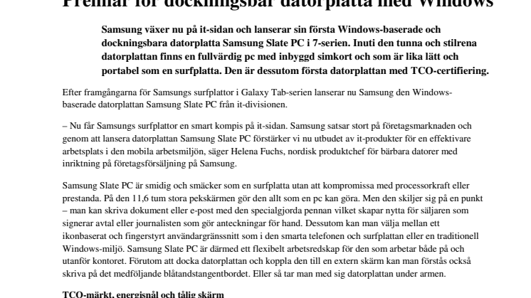 Samsung Slate PC – bärbar dator och datorplatta i ett: Premiär för dockningsbar datorplatta med Windows
