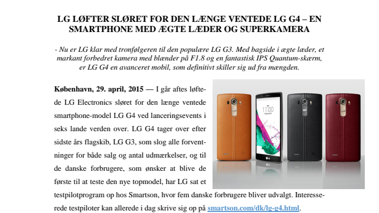 LG LØFTER SLØRET FOR DEN LÆNGE VENTEDE LG G4 – EN SMARTPHONE MED ÆGTE LÆDER OG SUPERKAMERA