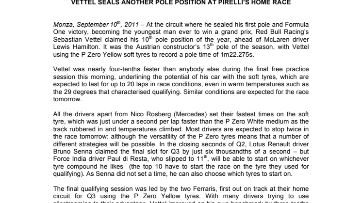 Vettel tog pole position igen i Pirellis hemmatävling på Monza 