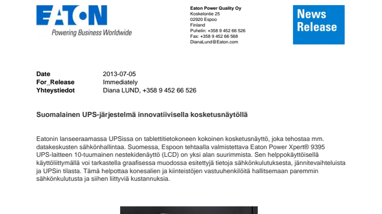 Suomalainen UPS-järjestelmä innovatiivisella kosketusnäytöllä