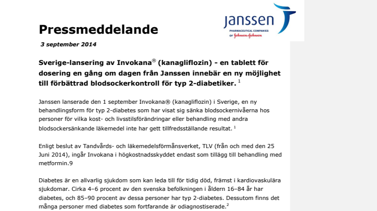 Janssen i Sverige lanserar Invokana® (kanagliflozin) för typ 2-diabetiker