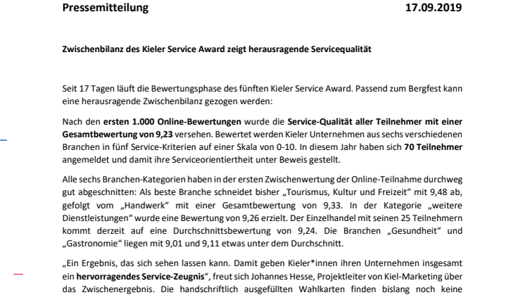 Zwischenbilanz des Kieler Service Award zeigt herausragende Servicequalität