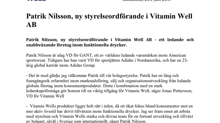 Patrik Nilsson, ny styrelseordförande i Vitamin Well AB
