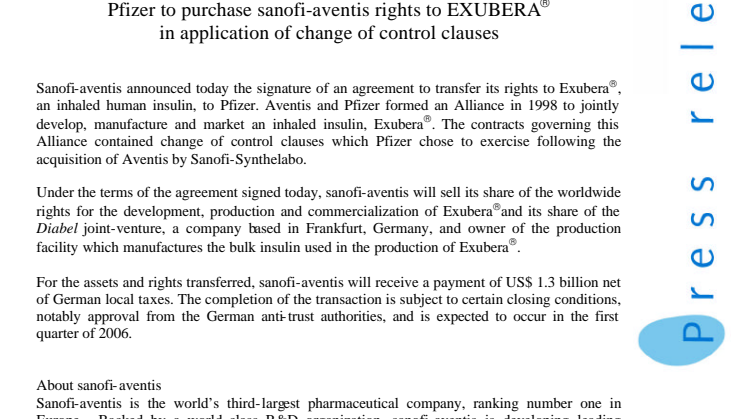 Pfizer to purchase sanofi-aventis rights to EXUBERAâ in application of change of control clauses