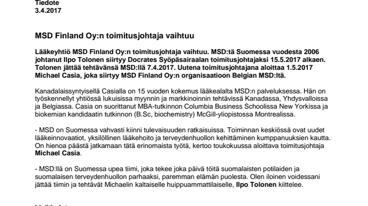 MSD Finland Oy:n toimitusjohtaja vaihtuu