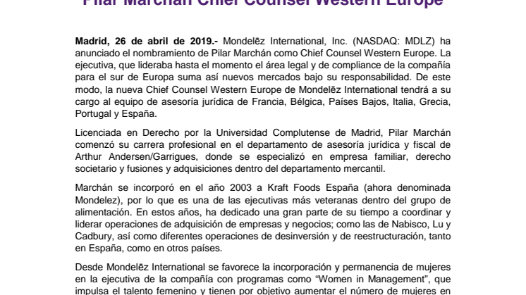 Mondelēz International nombra a  Pilar Marchán Chief Counsel Western Europe