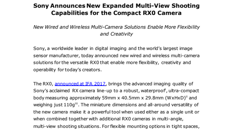Sony presenterer nye innspillingsfunksjoner for det kompakte RX0-kameraet